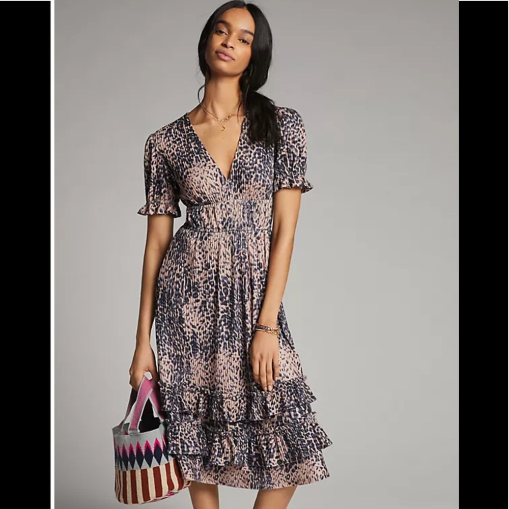 Anthropologie Pink and Navy Leopard-Print Tiered Midi Dress